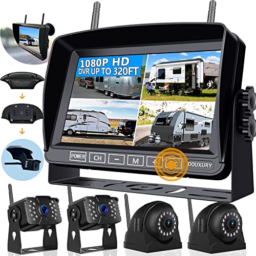 Wireless RV Backup Camera for Trailer Truck Camper Digital Rear Side View Cameras & HD 1080P 4 Splits 7" DVR Screen with Adapter for Furrion Pre