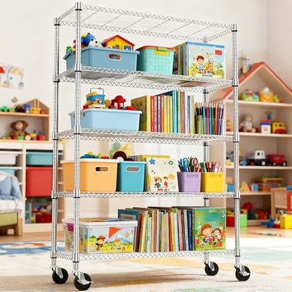1750LBS 47.2" W 5 Tiers Storage Shelves Metal Shelving Unit with Wheels Heavy Duty Garage Shelving Adjustable Wire Shelves for Pantry