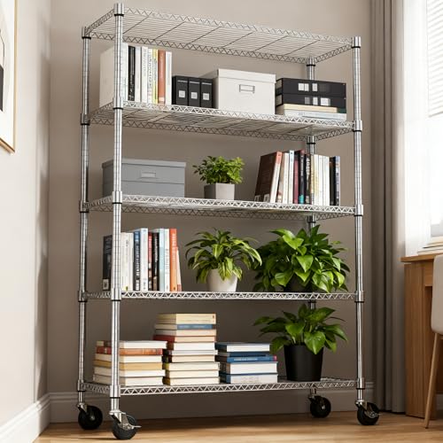 1750LBS 47.2" W 5 Tiers Storage Shelves Metal Shelving Unit with Wheels Heavy Duty Garage Shelving Adjustable Wire Shelves for Pantry