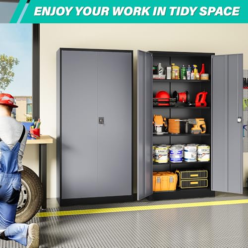 Wide & Deep Metal Storage Cabinet with Lock & Adjustable Shelves