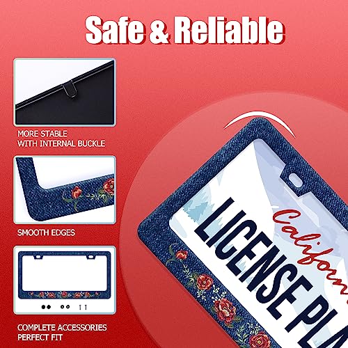 Blue Flower Jean License Plate Frame Stainless Steel Car Accessory 6.3x12.3