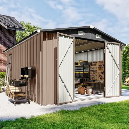 10x12 FT Outdoor Storage Shed with Base & Lockable Double Doors