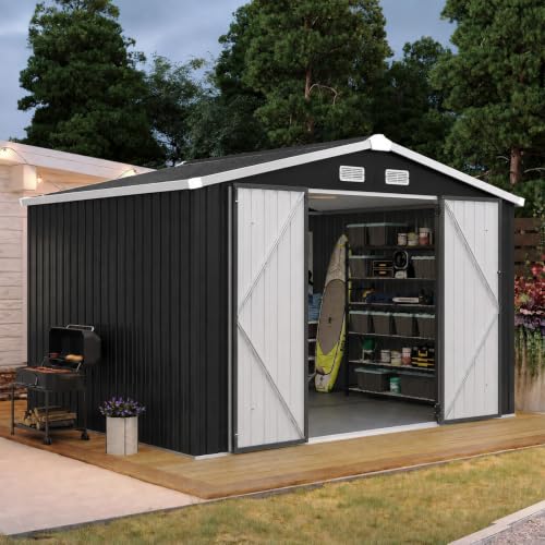 10x8FT Shed with Floor Galvanized Steel Outdoor Storage Shed Black