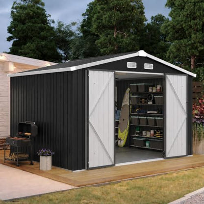 10x8FT Shed with Floor Galvanized Steel Outdoor Storage Shed Black