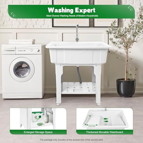 Freestanding Utility Sink Plastic Laundry Tub Sink with Storage Shelf Indoor Outdoor Slop Sink Wash Station for Bathroom Laundry Washing Room