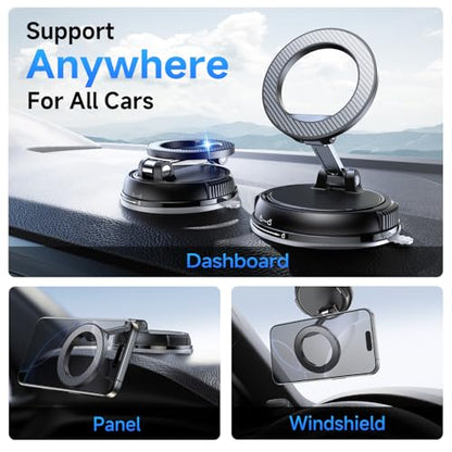 Car Phone Holder for Magsafe [78+LBS Strongest Suction & 2400gf Strongest Magnetic] 360° Adjustable Car Phone Mount