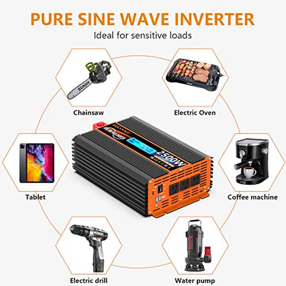 2500 Watt Pure Sine Wave Power Inverter 12V DC to 110V 120V Converter for Family RV Off Grid Solar System Car with Type