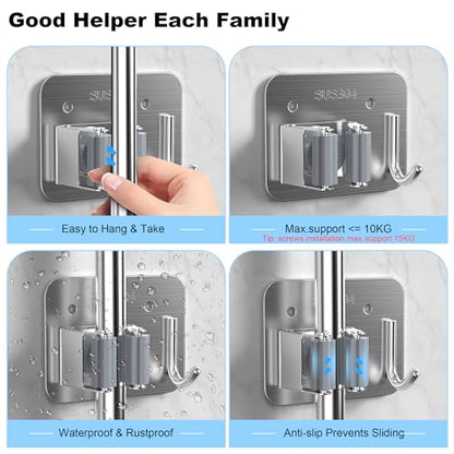 4 Pack Stainless Steel Mop and Broom Holder Wall Mount with Hook (4 Count)