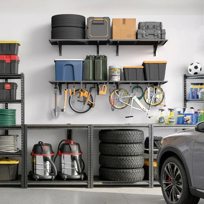 2 Pack Heavy Duty Garage Wall Shelving with 8 Hooks (2 Count)