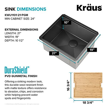 Kore 21 Inch Undermount Workstation 16 Gauge Stainless Steel Single Bowl Kitchen Sink n PVD Gunmetal Finish with Accessories