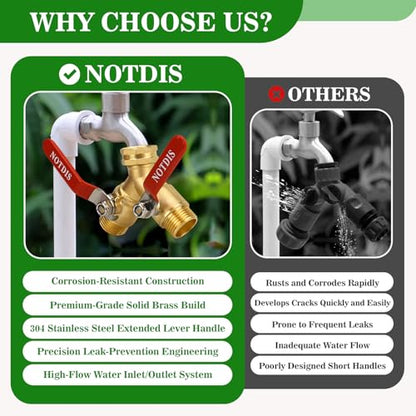 Hose Splitter 2 Way Heavy Duty Brass Garden Hose Splitter with 304 Stainless Steel Long Handle Outdoor Full Flow Hose Splitter Connector