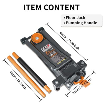 3-Ton (6600lbs) Low-Profile Dual Pistons Heavy-Duty Steel Racing Floor Jack with Quick Lift Hydraulic Pump, Foot Pedal and Magentic Pad for Car Maintenance
