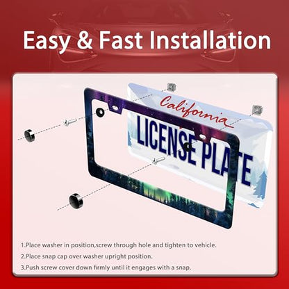 Starry Sky Aurora Forest License Plate Frame Stainless Steel with Screws
