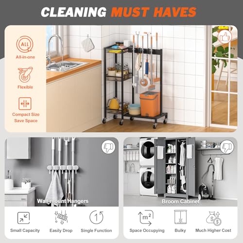 Broom Holder with Cleaning Supplies Organizer