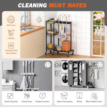 Broom Holder with Cleaning Supplies Organizer