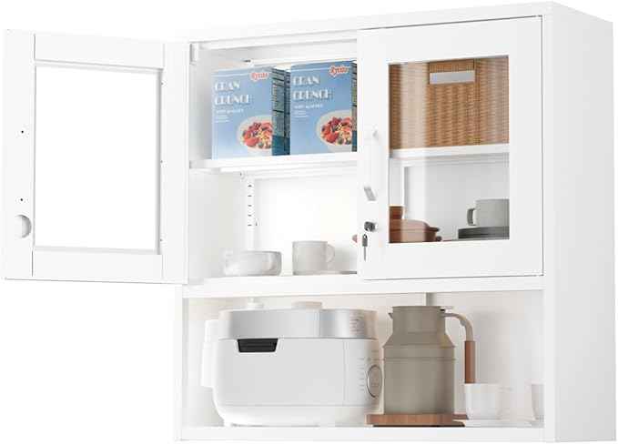 VINGLI Metal Wall Cabinet with Locking Glass Doors, Adjustable Shelf, Wall Mounted Storage Display Cabinets for Garage, Kitchen, Home Office, Warehouse, Living Room, White