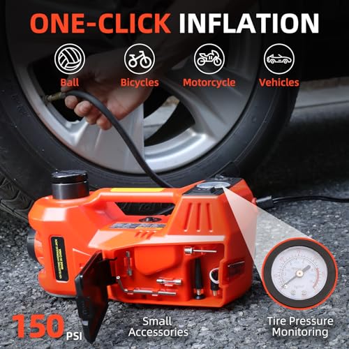 Electric Car Jack 5 Ton 12V Floor Jack Hydraulic Jack Stand Car Lift Jack with Integrated Tire Pump for SUV Truck Sedan Vehicle Roadside Emergency Tire Change