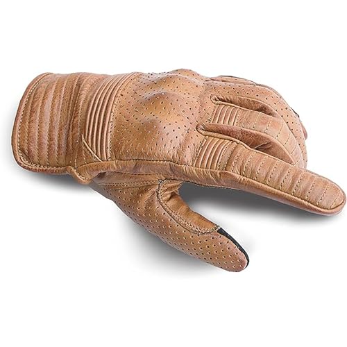 Leather Motorcycle Gloves for Men with Light Tricot Inner Lining Bike Riding Gloves with Fingers and Knuckle Padding with Adjustable Magic Tape Fastener