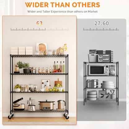 4 Tier Metal Storage Shelves 65''H Wire Shelving with Wheels for Storage Adjustable Heavy Duty Garage Shelving Storage Racks for Pantry Shelves Kitchen Office Garage