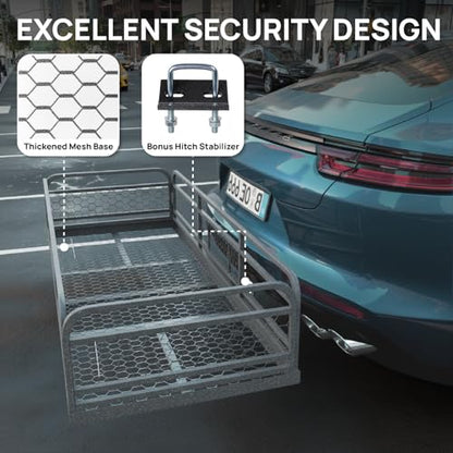 60''X 24''X14'' Folding Hitch Mount Cargo Carrier Basket with Stablizer and Straps