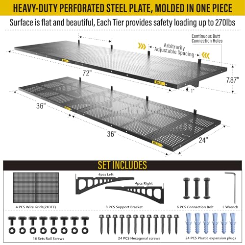 4Pack 2x3ft Adjustable Metal Garage Wall Shelving Heavy Duty Garage Storage Shelf Wall Mounted Black (4 Count)