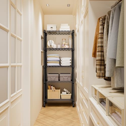 1250 lbs 5 Tier Shelf Metal Storage Shelves Wire Rack Closet Organizers for Garage Kitchen Bathroom Laundry Black 11.8" D x 23.6" W x 59.5" H (5 Count)