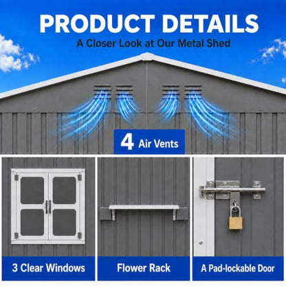 12x10 FT Outdoor Storage Shed with 3 Clear Windows