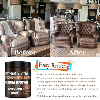 Leather Recoloring Balm Medium Brown Dye Vinyl Car Interior Boat Seat Paint Crafts Furniture Couch Recliner Chair Boot Jacket Shoe Bag Purse Belt Color Restorer Fading Stain Scratch Remover Repair