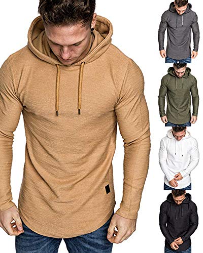 Mens Fashion Athletic Hoodies Sport Sweatshirt Solid Color Fleece Pullover Khaki 2XL