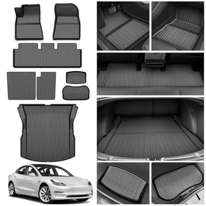 Floor Mats for 2024 2025 2026 Tesla Model 3 Highland 8 PCS Floor Cargo Liners Full Set All Weather TPE 3D 2 Row Liner Front Rear Storage Mat and Rear Seat Back Mats