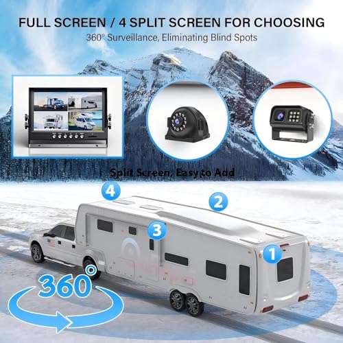 Car Backup Cameras System with 9'' Quad Split Monitor for RV Trailer Semi Truck Camper Bus & 4 AHD 1080P Rear&Side View Cameras with DVR Record Function Night Vision IP69 Waterproof