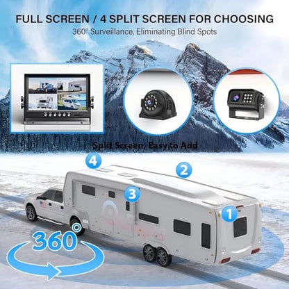 Car Backup Cameras System with 9'' Quad Split Monitor for RV Trailer Semi Truck Camper Bus & 4 AHD 1080P Rear&Side View Cameras with DVR Record Function Night Vision IP69 Waterproof