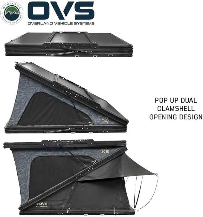 Overland Vehicle Systems XD K2 Clam Shell Pop-Up 2-Person Aluminum Hard Shell Roof Top Tent – Blue Body with Black Rainfly for SUVs, Jeeps, and Overlanding Vehicles