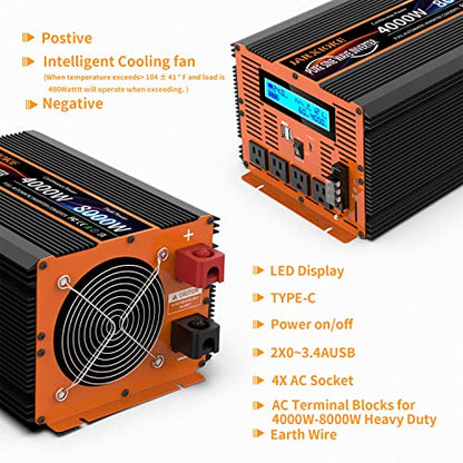 4000 Watt Pure Sine Wave Power Inverter 24V DC to 110V 120V Converter for Family RV Off Grid Solar System Car with Type