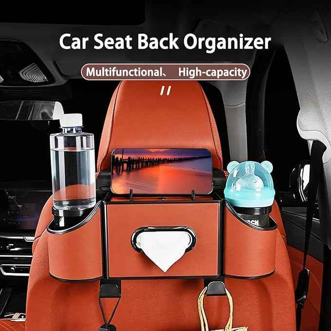 Back Seat Car Organizer,4 in 1 Multifunctional Car Back Seat Storage Box with Drink Cup Holder Tissue Box, for Hold Phone,Snacks, Drinks, Handbag-Orange