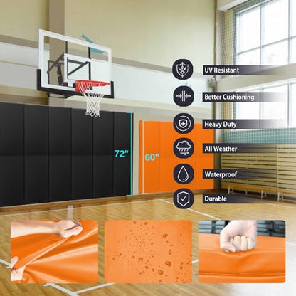 60" 72" High Gym Wall Padding 2" Thick Foam Basketball Court Wall Mount Protector for Garage Taekwondo Babyroom