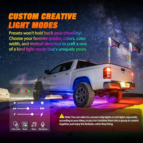 RGB LED Whip Light 2PCS 3FT with 6 Rock Lights Combo