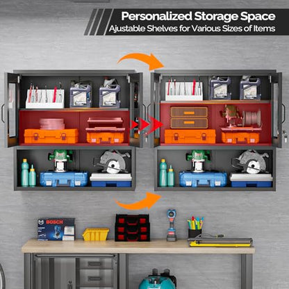 Metal Wall Cabinet with Locking Glass Doors & Magnetic LED Sensor Light