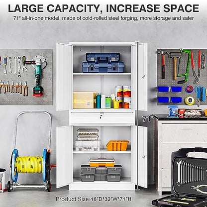 White Metal Storage Cabinet with Drawer and Locks