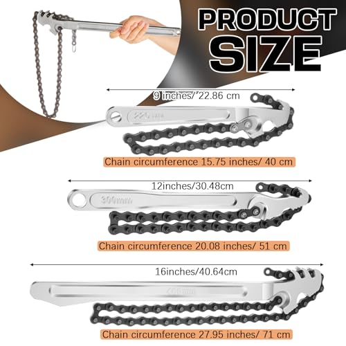3 Pcs Large Reversible Chain Oil Filter Wrench with 12 16 9 Inch Chain Wrench Adjustable Heavy Duty Carbon Steel Sturdy Pipe Fitting Tool Spanner for Ratcheting Universal (3 Count)
