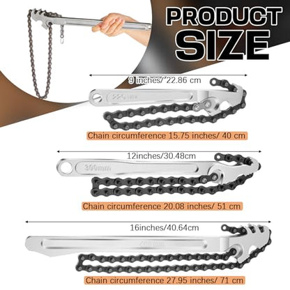 3 Pcs Large Reversible Chain Oil Filter Wrench with 12 16 9 Inch Chain Wrench Adjustable Heavy Duty Carbon Steel Sturdy Pipe Fitting Tool Spanner for Ratcheting Universal (3 Count)
