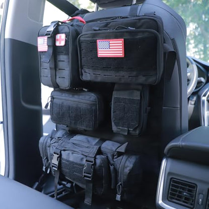 Universal Tactical Car Seat Back Organizer Bag Tactical Molle Vehicle Organizers Panel Vehicle Protector Organizers with 5 Detachable Pouches for Car Truck Ford Jeep