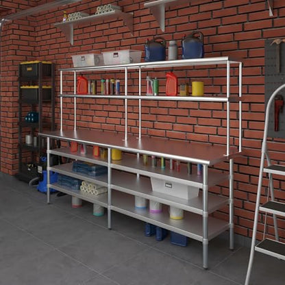 24" x 96" Stainless Steel Work Table with 3 Shelves and 12" Wide Double Tier Overshelf