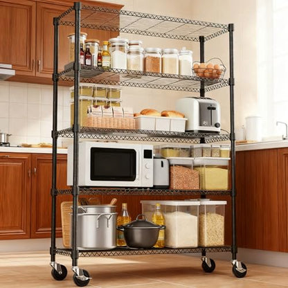 1750LBS 47.2" W 5 Tiers Storage Shelves Metal Shelving Unit with Wheels Heavy Duty Garage Shelving Adjustable Wire Shelves for Pantry
