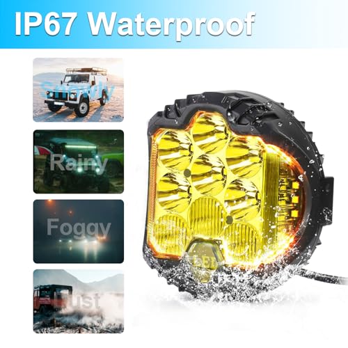4PCS 7 Inch Amber Round LED Offroad Lights 90W Amber Yellow Off Road Light Fog Lights Driving lightsWaterproof Light Pods for Pickup Trucks 4x4 SUV ATV UTV (4 Count)