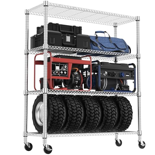 1400LBS 47.2" W 4 Tiers Storage Shelves Metal Shelving Unit with Wheels Heavy Duty Garage Shelving Adjustable Wire Shelves for Pantry
