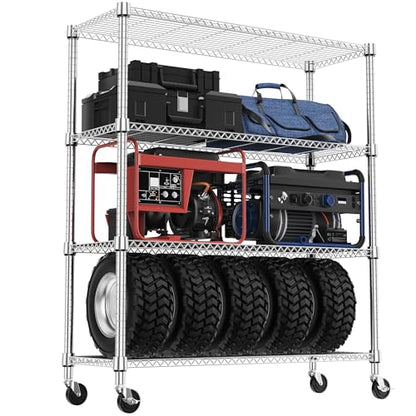 1400LBS 47.2" W 4 Tiers Storage Shelves Metal Shelving Unit with Wheels Heavy Duty Garage Shelving Adjustable Wire Shelves for Pantry