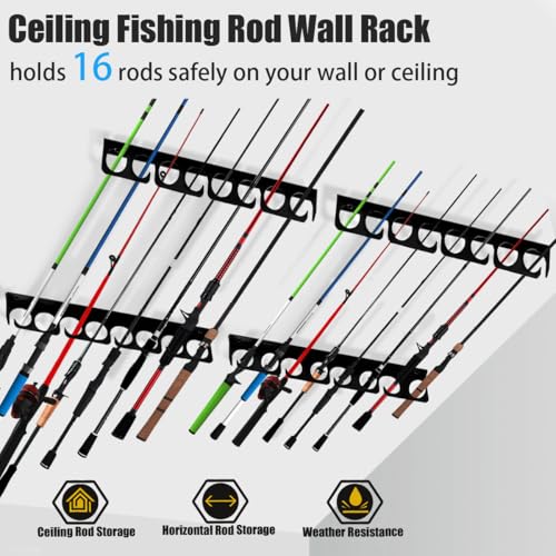 Wall or Ceiling Fishing Rod Storage Rack Vertical Horizontal Holder with 16 Capacity Fishing Rods Reels Mounted Roof Carrier Hooks Hanger for Garage Cabin and Basement Gear Accessories (4 Count)
