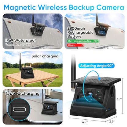 Solar Wireless Magnetic Backup Camera with 7 Inch 1080P Monitor System