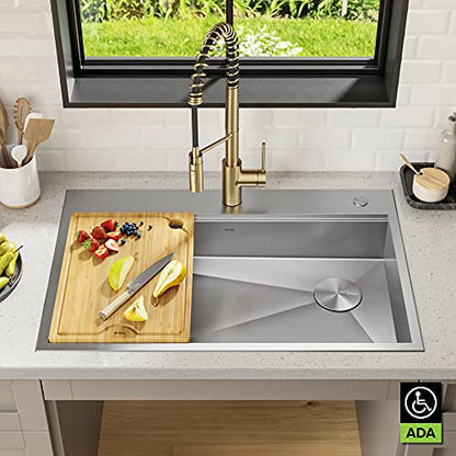 KWT310-33/5.5 Kore ADA Workstation 33-inch Drop-In Topmount 16 Gauge Stainless Steel Single Bowl Kitchen Sink with Accessories, 33 Inch